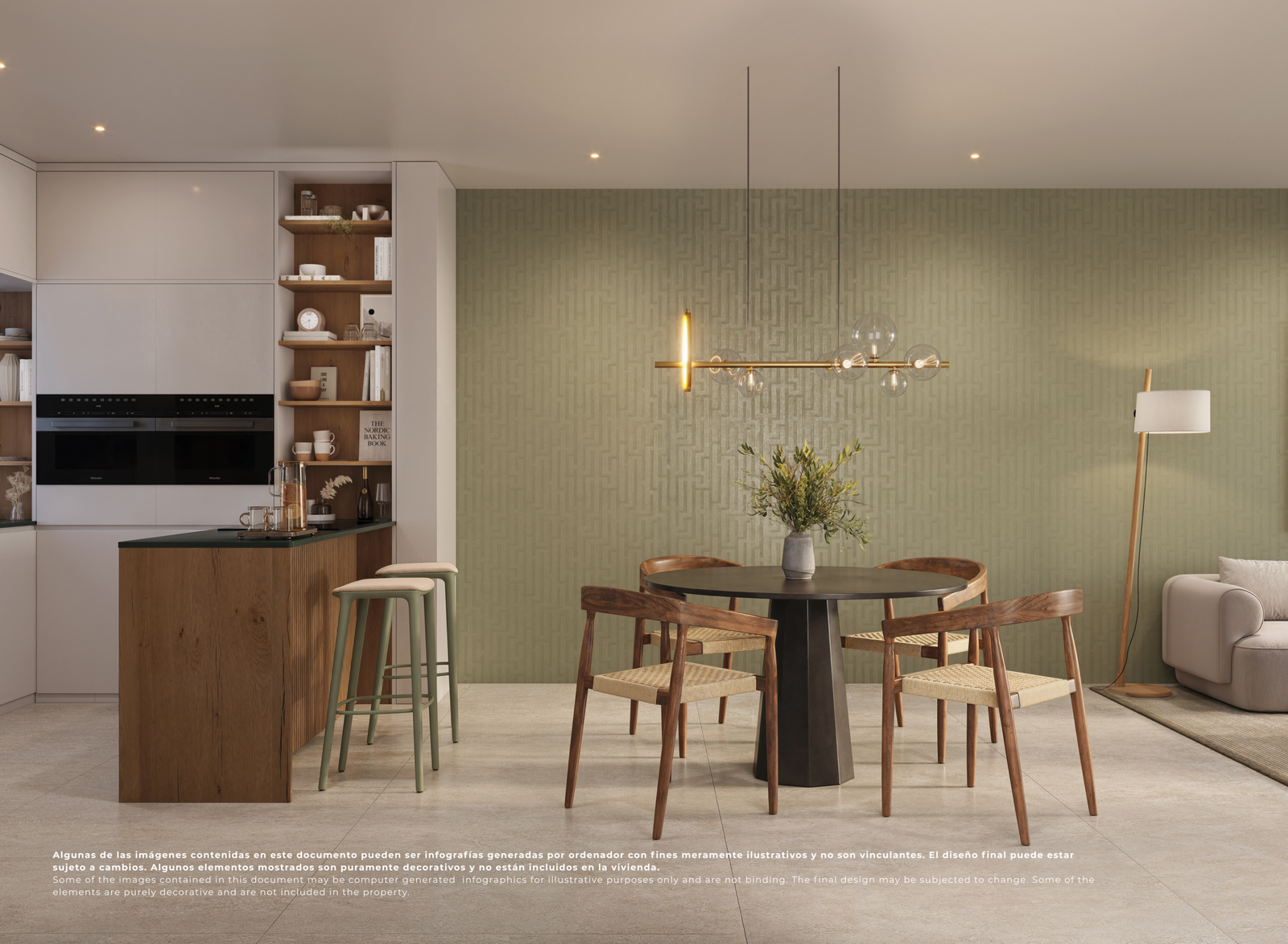 Impressie van een open eetruimte met houten keukeneiland en groene accentwand op El Valle Golf Resort.