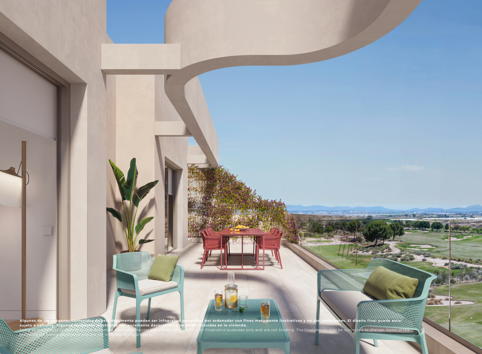 Impressie van een ruim terras met glazen balustrade en uitzicht op de golfbaan van El Valle Golf Resort.