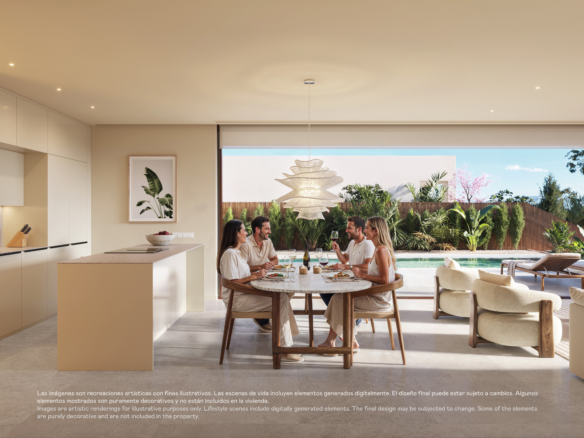 Designvilla in Las Colinas met privézwembad: visualisatie van vier personen aan tafel naast de open keuken.