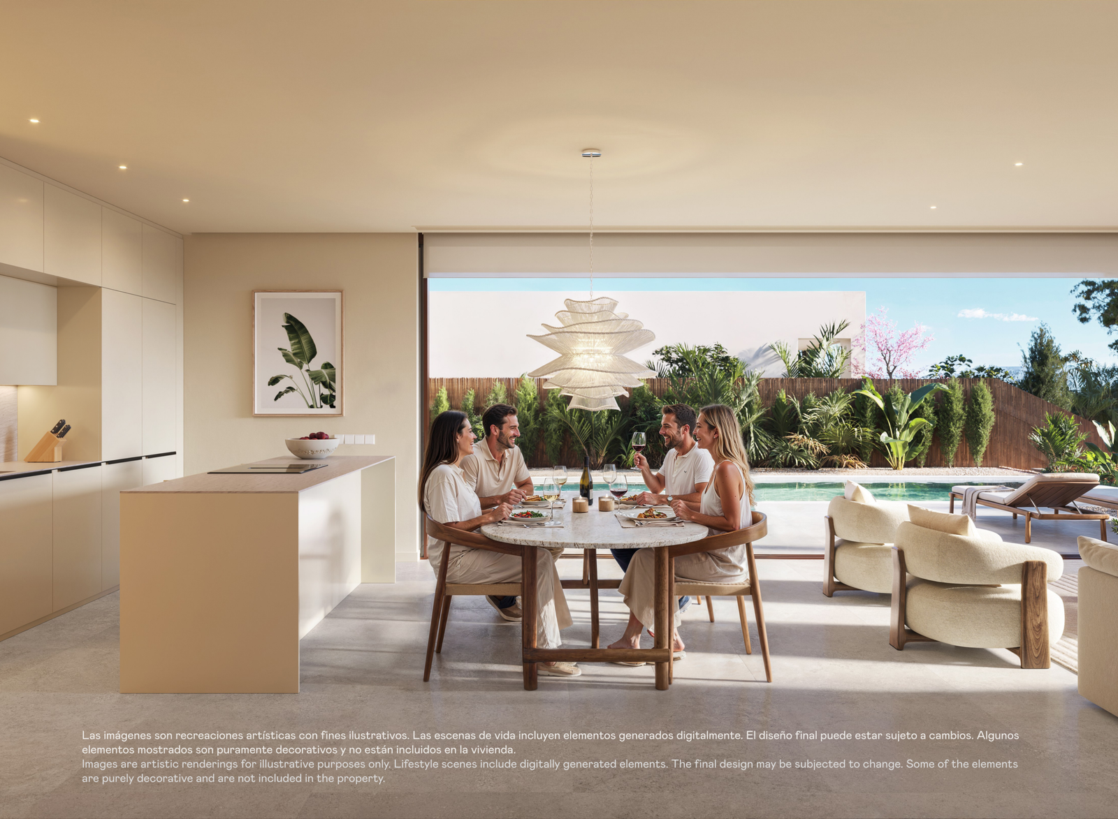 Designvilla in Las Colinas met privézwembad: visualisatie van vier personen aan tafel naast de open keuken.