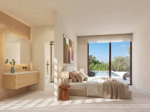 Designvilla in Las Colinas met privézwembad: visualisatie van de slaapkamer met open badkamer.