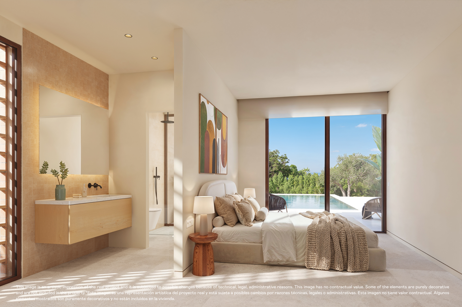 Designvilla in Las Colinas met privézwembad: visualisatie van de slaapkamer met open badkamer.