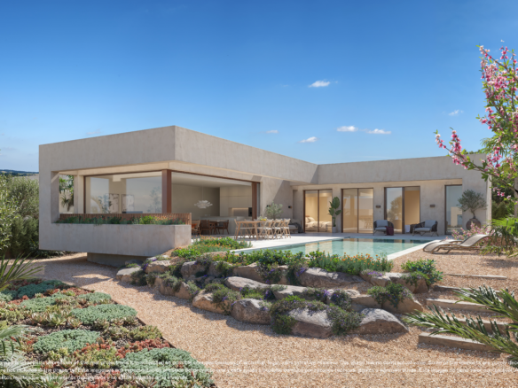 Designvilla in Las Colinas met privézwembad: visualisatie van de gevel en mediterrane tuin.