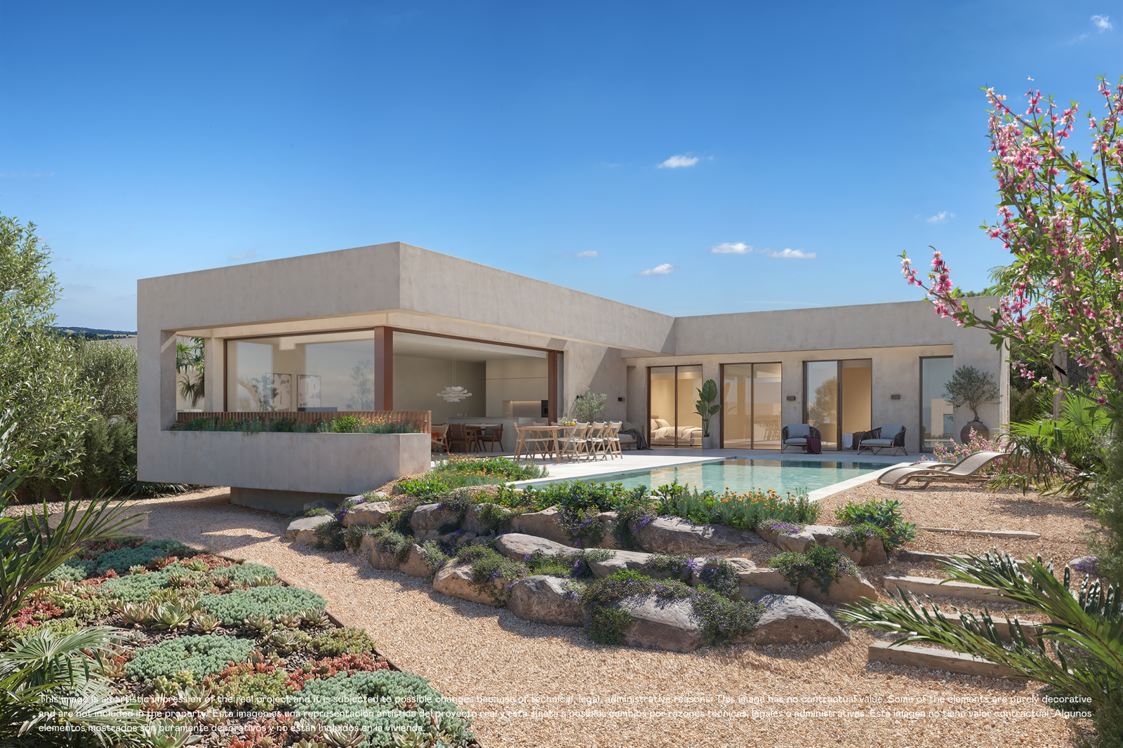 Designvilla in Las Colinas met privézwembad: visualisatie van de gevel en mediterrane tuin.