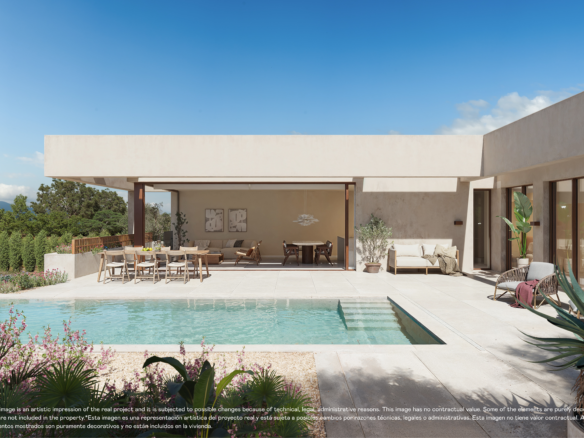 Designvilla in Las Colinas met privézwembad: visualisatie van het zwembad met instaptrap en terras.