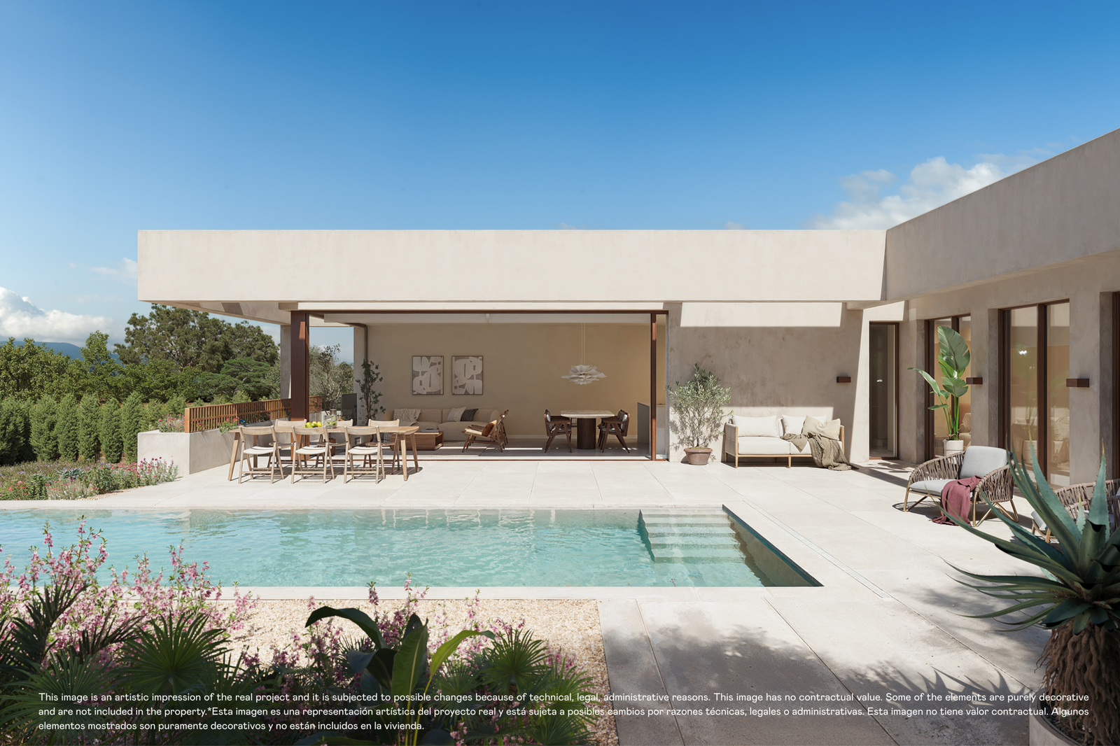 Designvilla in Las Colinas met privézwembad: visualisatie van het zwembad met instaptrap en terras.