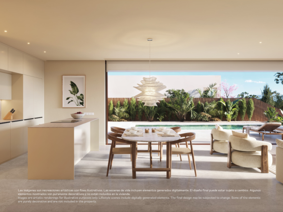 Designvilla in Las Colinas met privézwembad: visualisatie van de eethoek met uitzicht op de tuin.