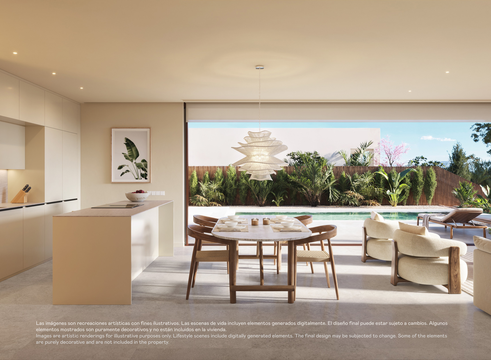 Designvilla in Las Colinas met privézwembad: visualisatie van de eethoek met uitzicht op de tuin.