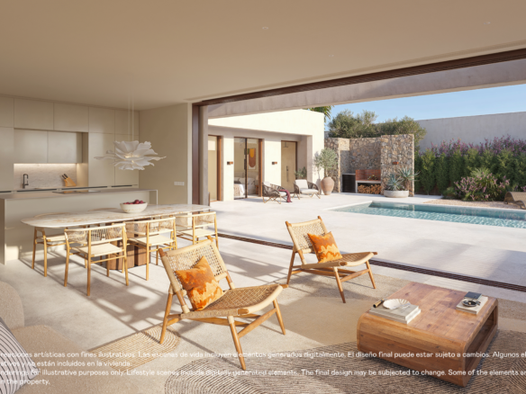 Designvilla in Las Colinas met privézwembad: visualisatie van de woonkamer en keuken met brede schuifpui.