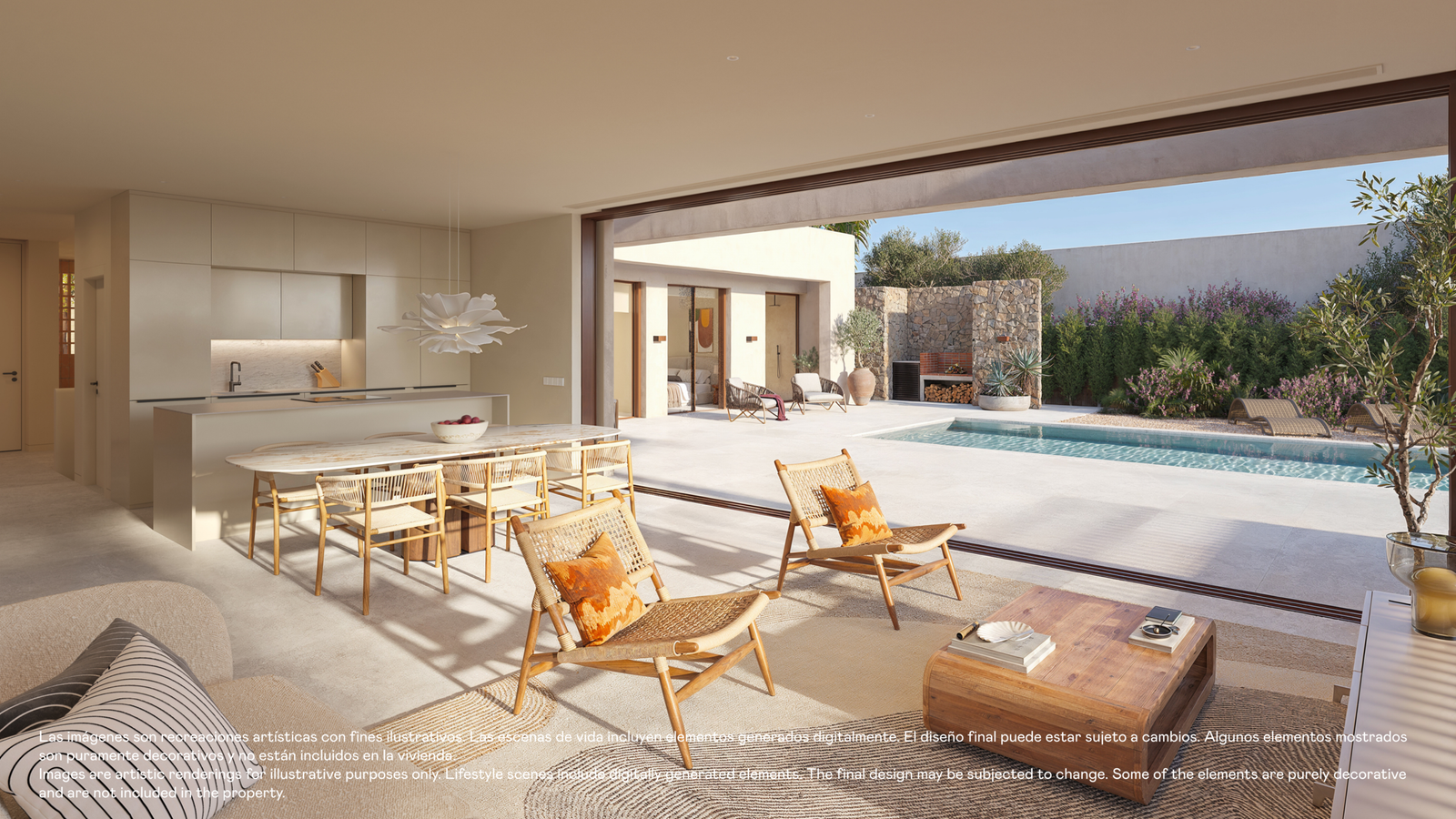 Designvilla in Las Colinas met privézwembad: visualisatie van de woonkamer en keuken met brede schuifpui.