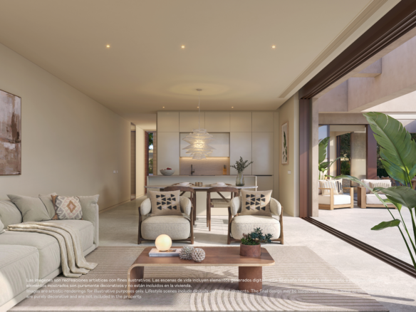 Designvilla in Las Colinas met privézwembad: visualisatie van de zithoek, eethoek en open keuken.