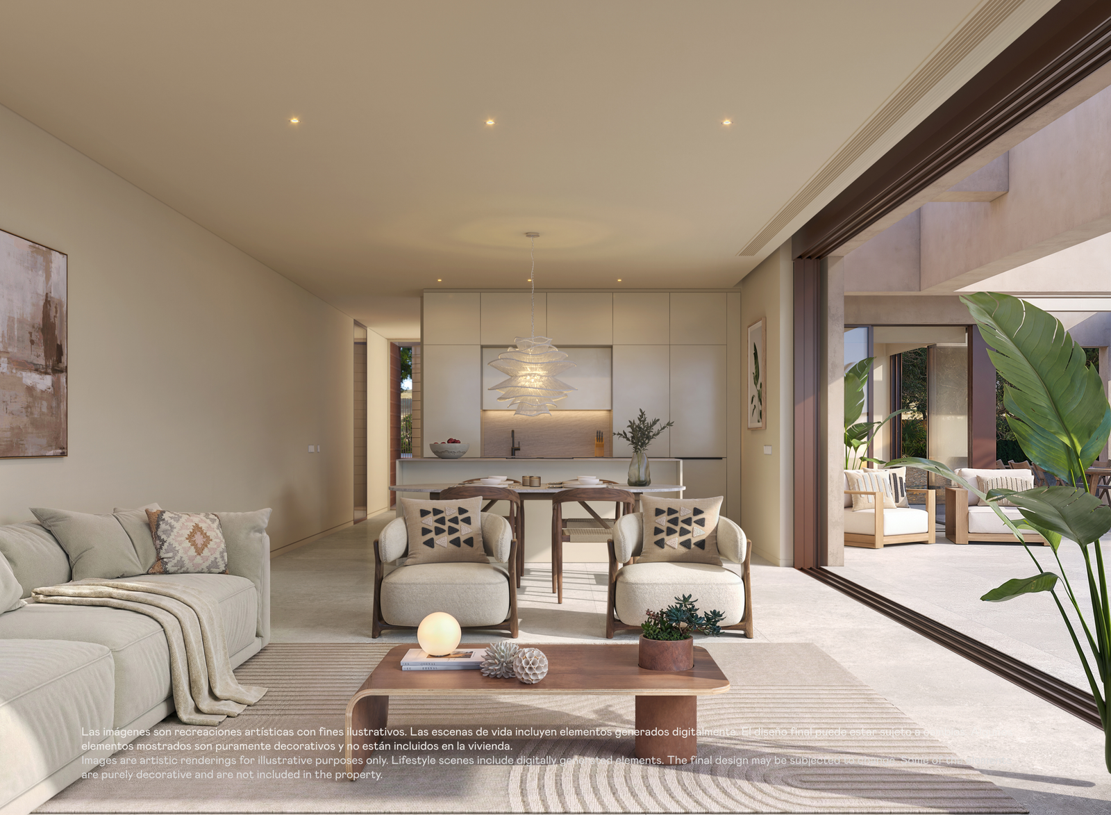 Designvilla in Las Colinas met privézwembad: visualisatie van de zithoek, eethoek en open keuken.