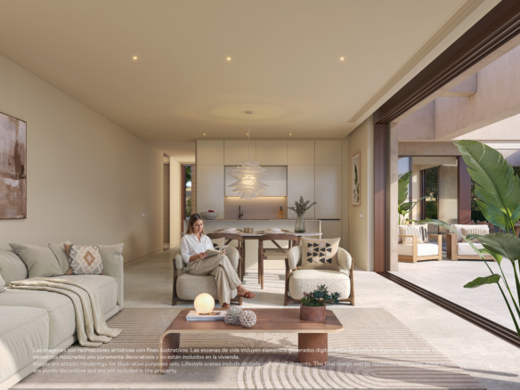 Designvilla in Las Colinas met privézwembad: visualisatie van een persoon in een fauteuil naast de open schuifpui.