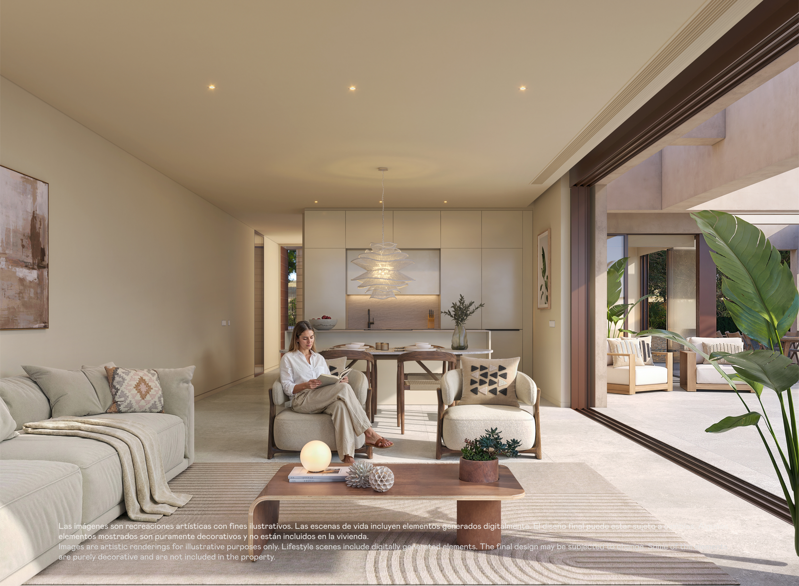 Designvilla in Las Colinas met privézwembad: visualisatie van een persoon in een fauteuil naast de open schuifpui.