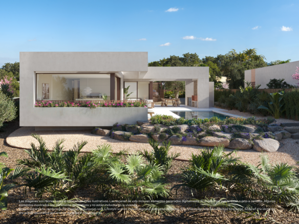 Designvilla in Las Colinas met privézwembad: visualisatie van de hoekramen en tuin met rotsen en grind.
