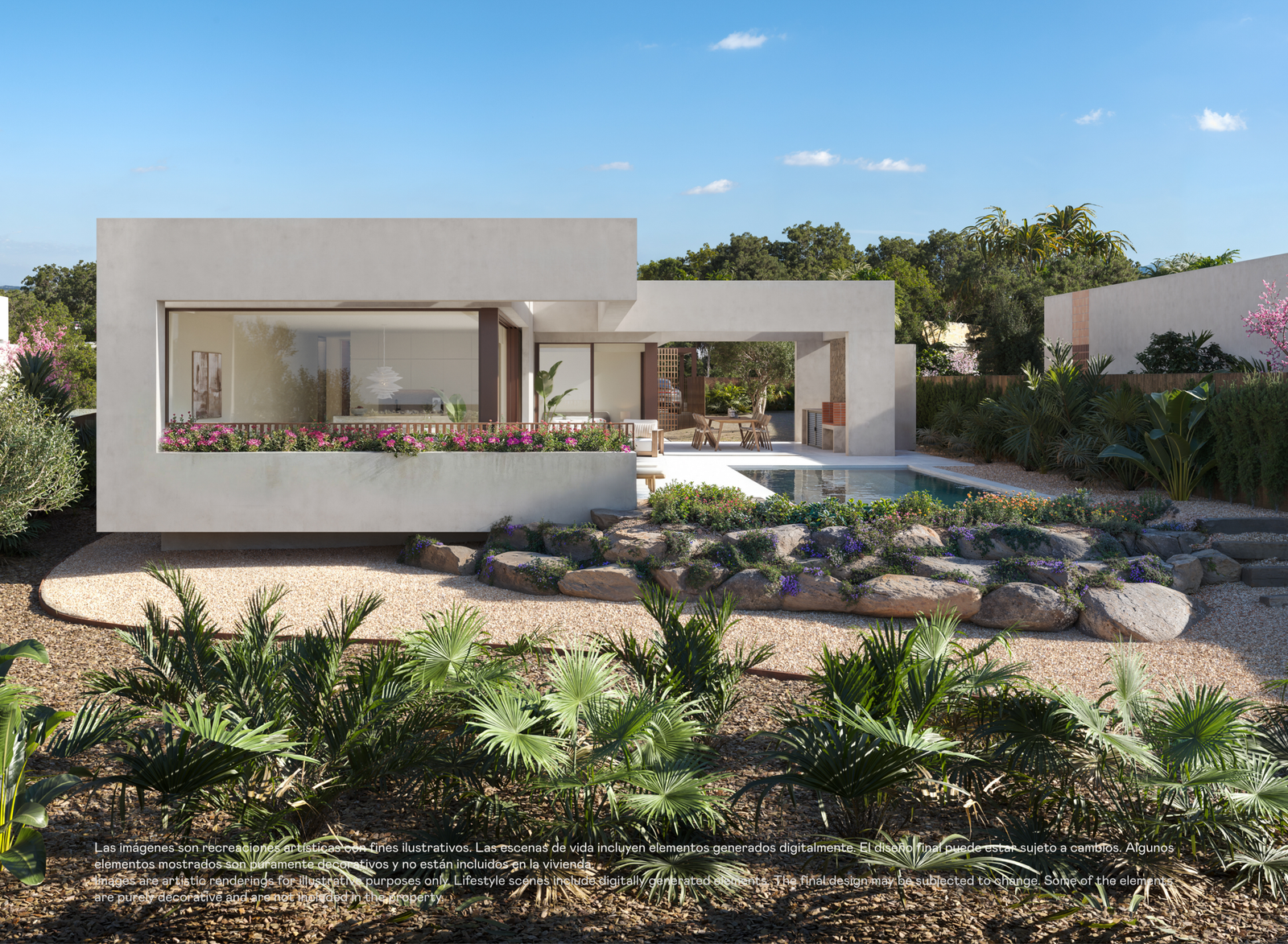 Designvilla in Las Colinas met privézwembad: visualisatie van de hoekramen en tuin met rotsen en grind.