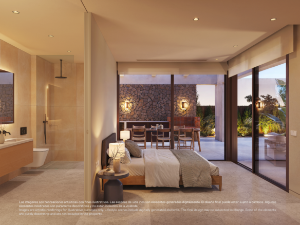 Designvilla in Las Colinas met privézwembad: visualisatie van de slaapkamer en het verlichte terras bij schemering.