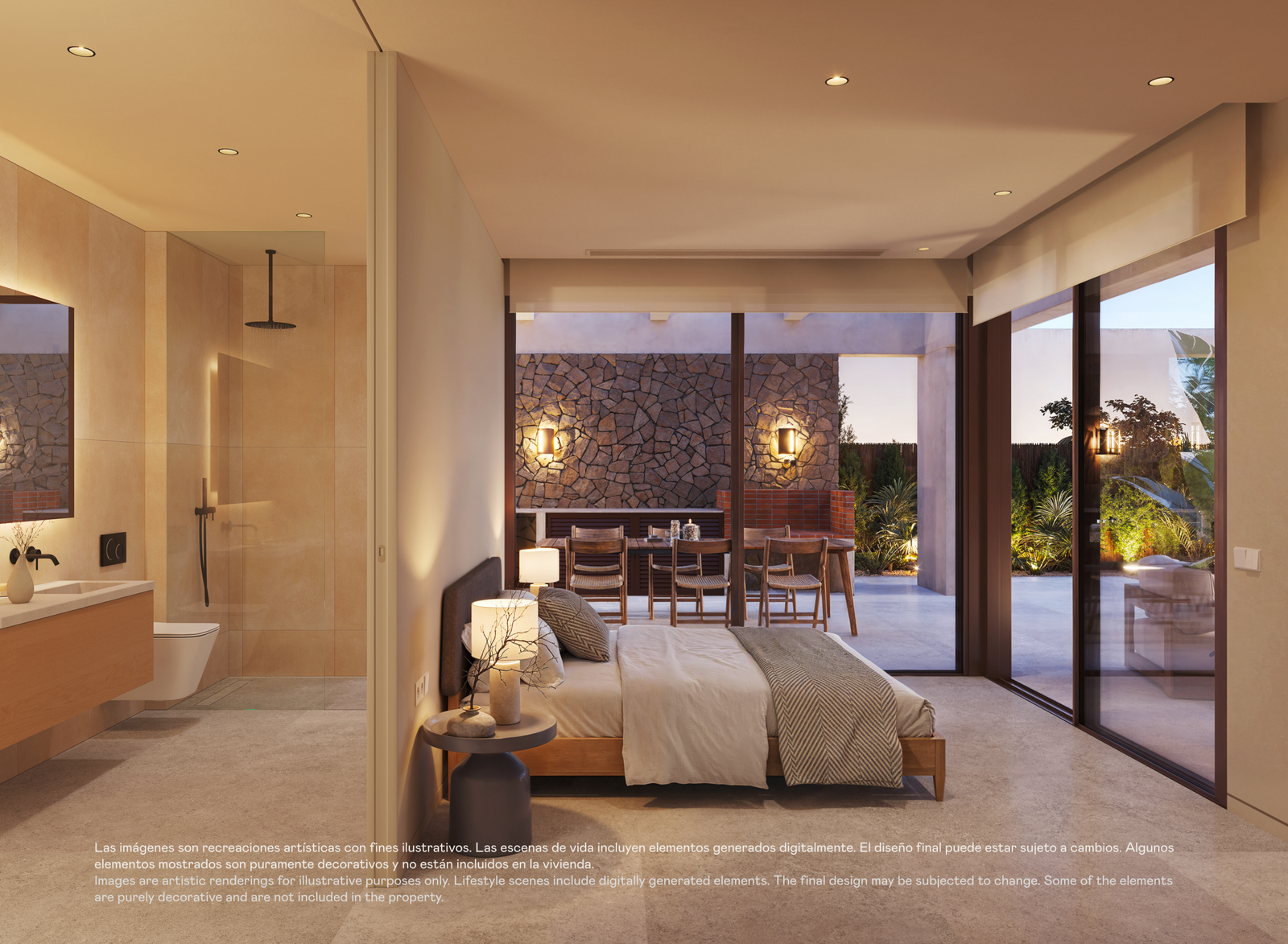 Designvilla in Las Colinas met privézwembad: visualisatie van de slaapkamer en het verlichte terras bij schemering.