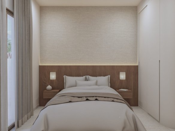 Slaapkamer met een tweepersoonsbed, nachtkastjes, gordijnen en een ingebouwde kast.