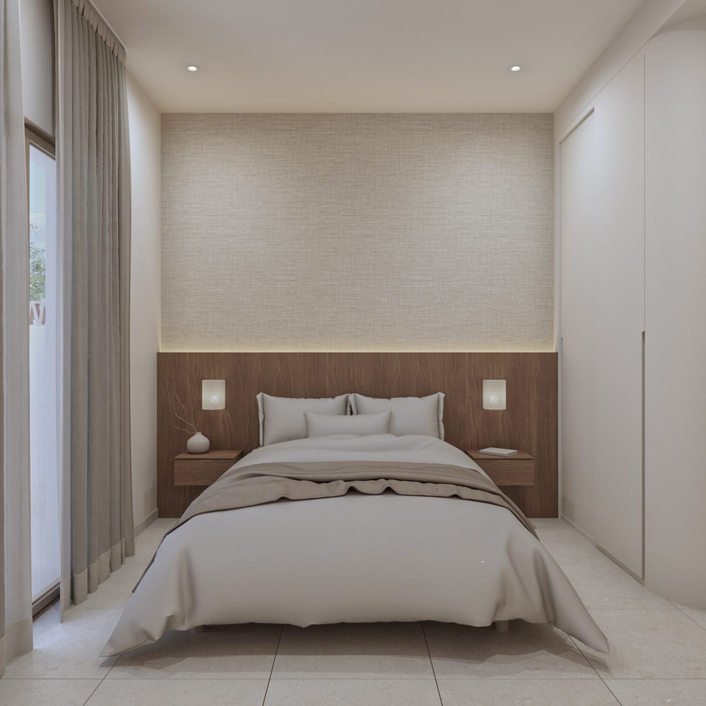 Slaapkamer met een tweepersoonsbed, nachtkastjes, gordijnen en een ingebouwde kast.