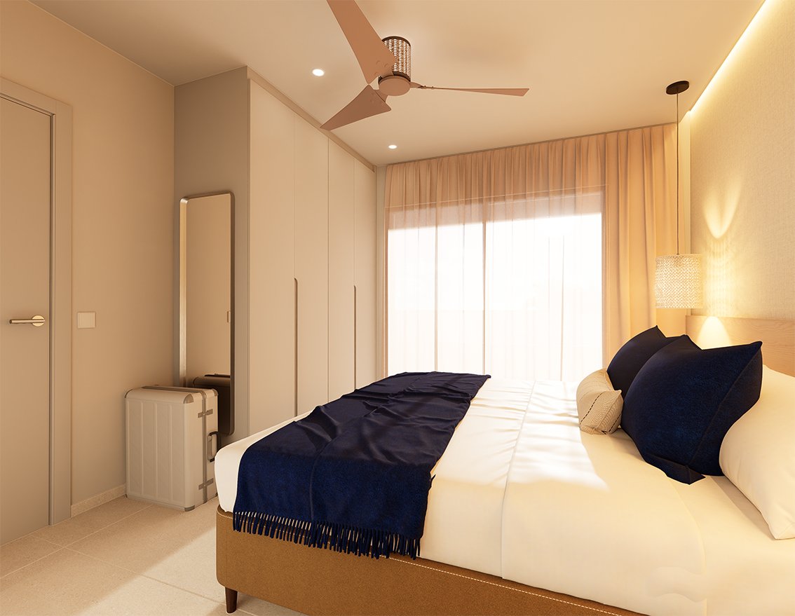Moderne slaapkamer met een bed, gordijnen en een wandkast.