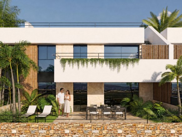Moderne woning met tropische planten en een buitenterras.