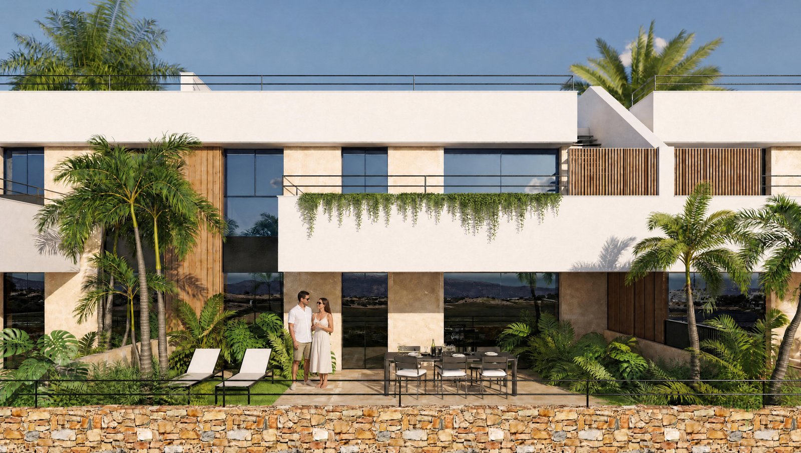 Moderne woning met tropische planten en een buitenterras.