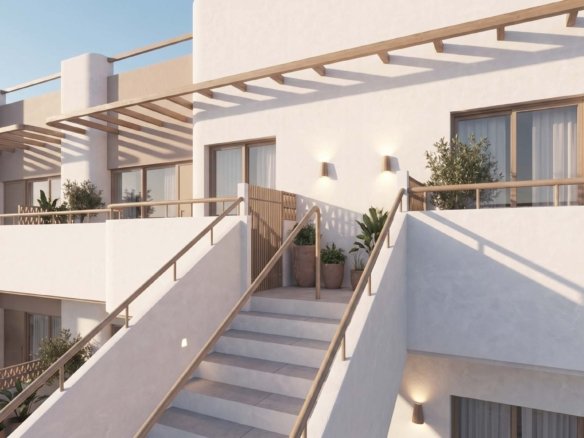 Architecturale visualisatie van witte woningen met terrassen, een buitentrap en plantenpotten.