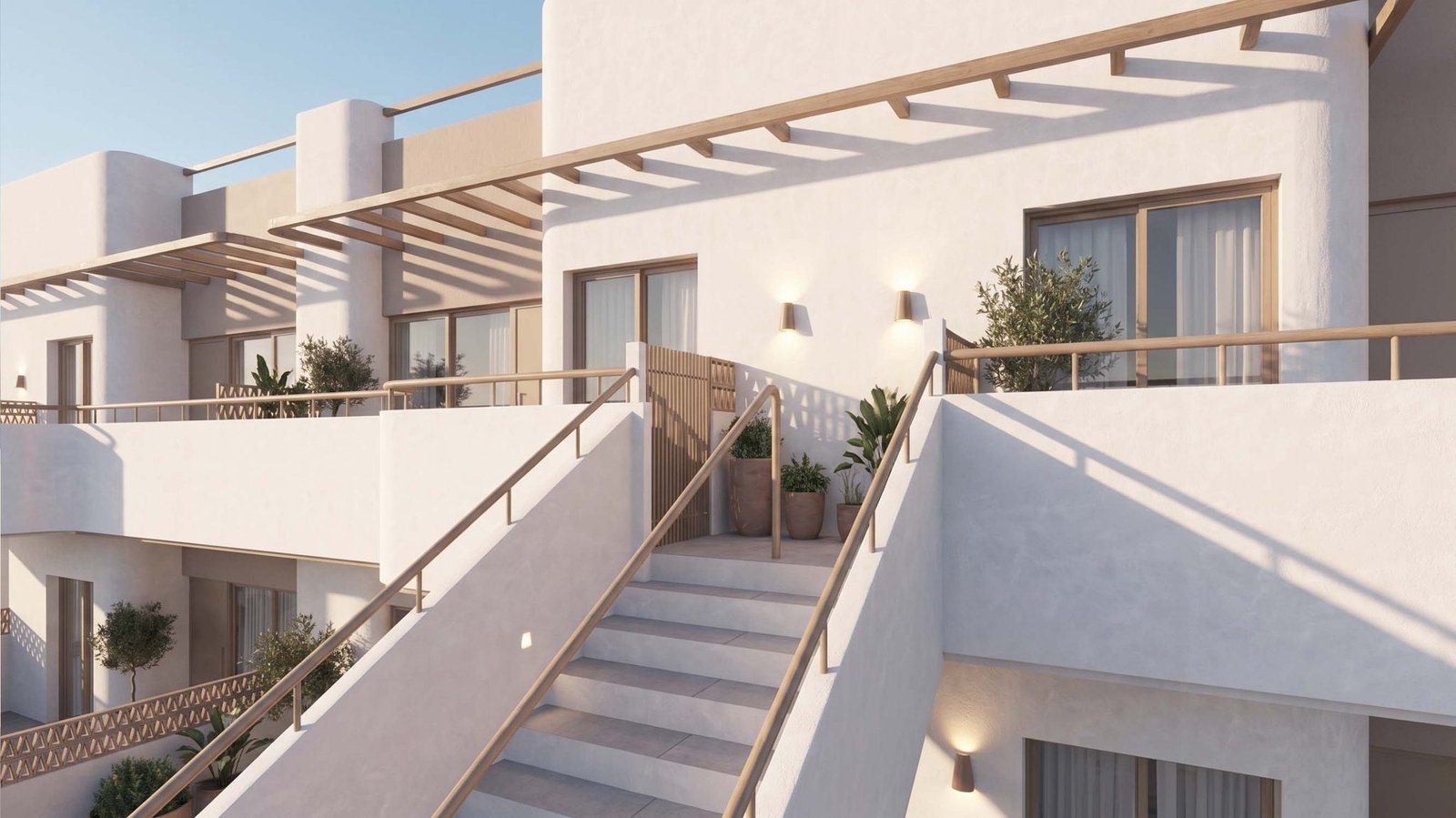 Architecturale visualisatie van witte woningen met terrassen, een buitentrap en plantenpotten.