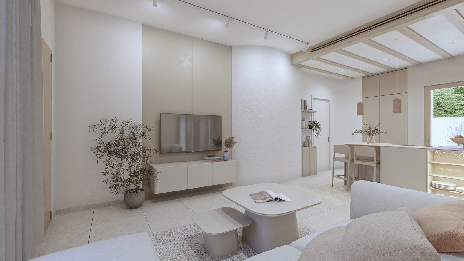 Woonkamer met zithoek, salontafels en televisie, met een keuken en eetbar op de achtergrond.