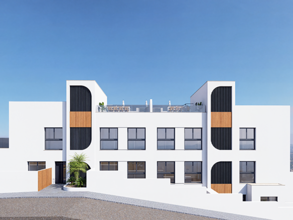 Modern gebouw met witte muren en houten accenten, enkele ramen en een dakterras.