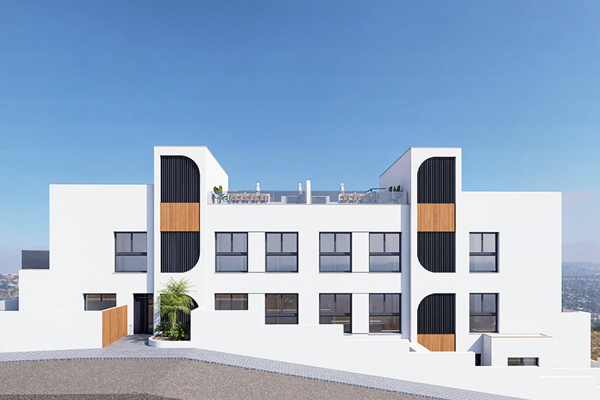 Modern gebouw met witte muren en houten accenten, enkele ramen en een dakterras.