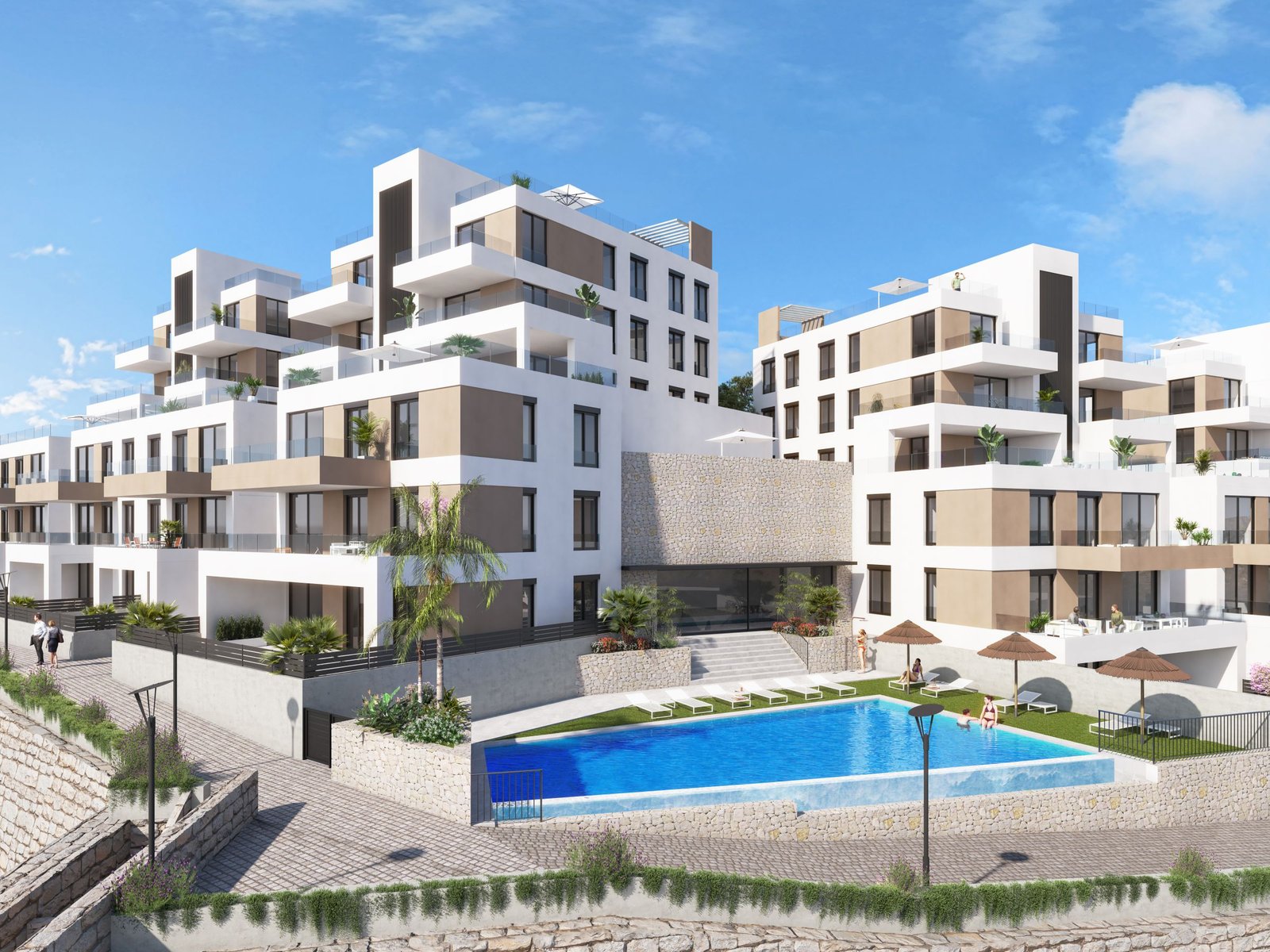 Architecturale visualisatie van moderne appartementen rond een buitenzwembad.
