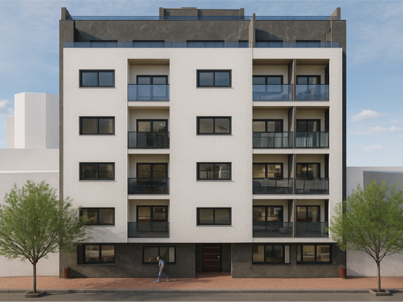 Architecturale visualisatie van Appartementen kopen in Torrevieja centrum met balkons, ramen en een centrale ingang, gezien vanaf de straat.