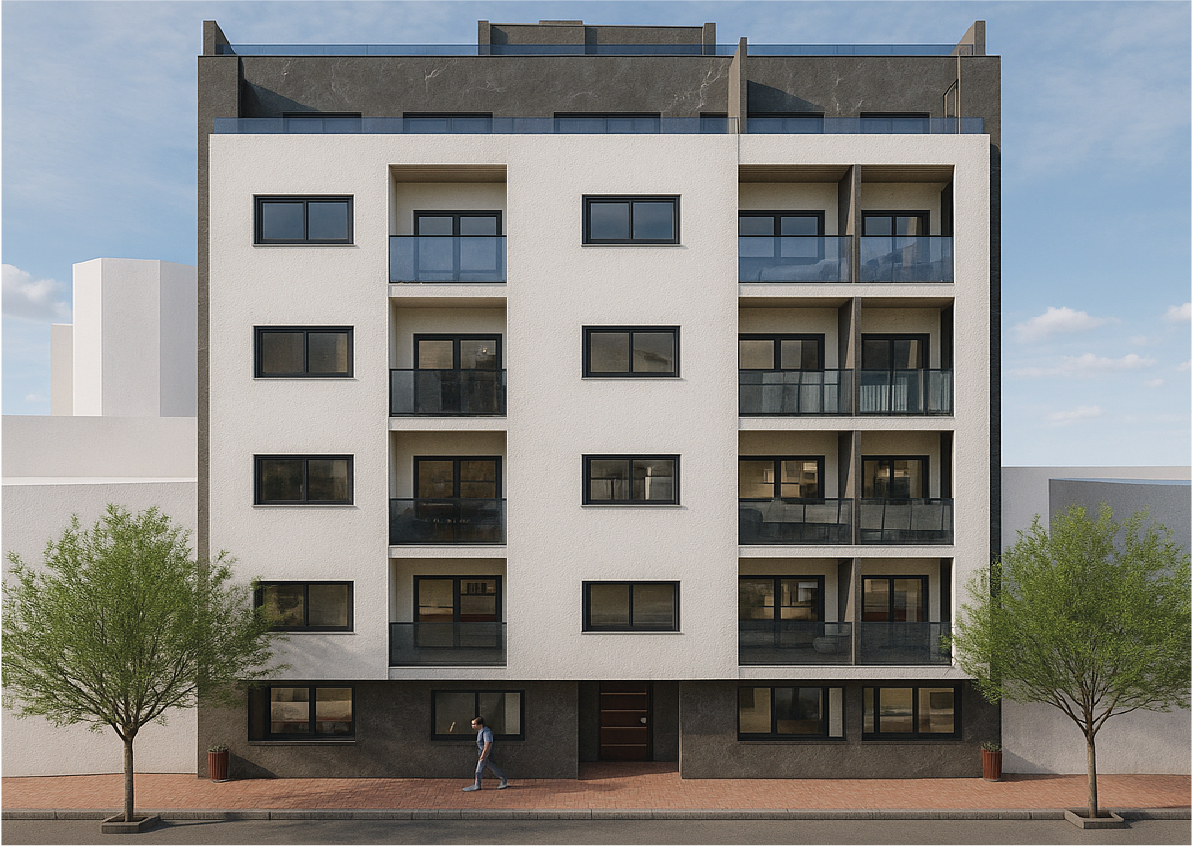 Architecturale visualisatie van Appartementen kopen in Torrevieja centrum met balkons, ramen en een centrale ingang, gezien vanaf de straat.