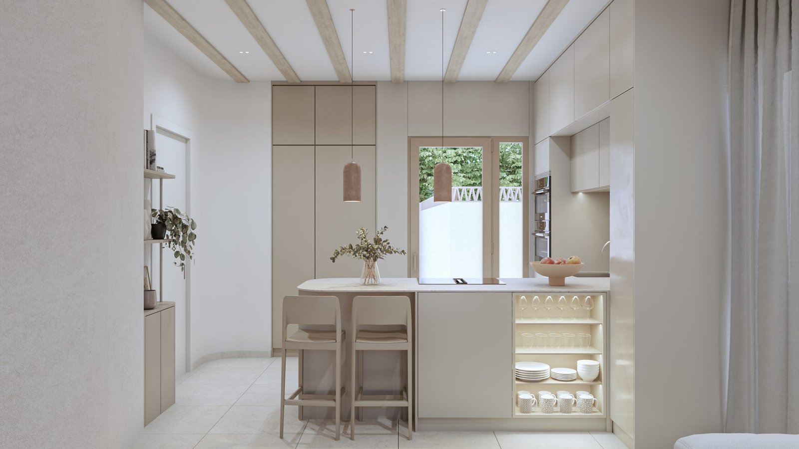 Lichte keuken met kookeiland, twee barkrukken, kasten en een raam.
