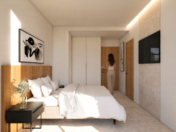 Slaapkamer met bed en nachtkastje, lichte kleuren, en schilderij aan de muur.