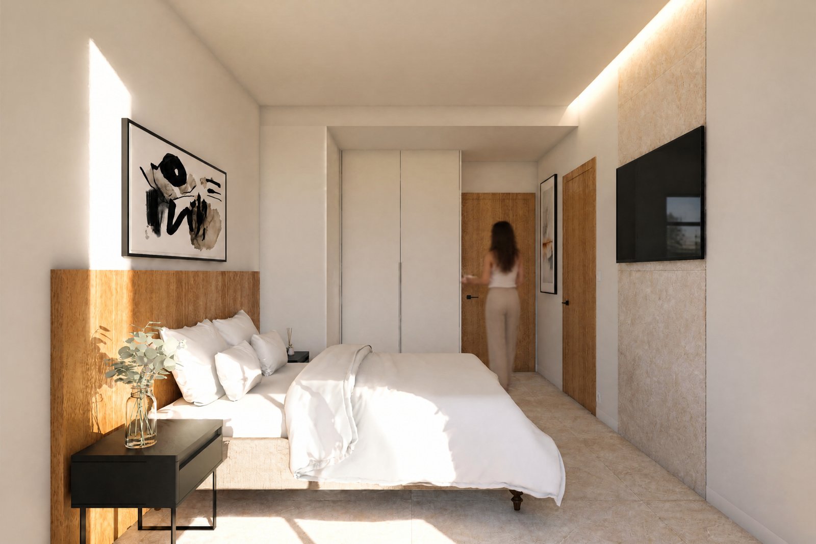 Slaapkamer met bed en nachtkastje, lichte kleuren, en schilderij aan de muur.