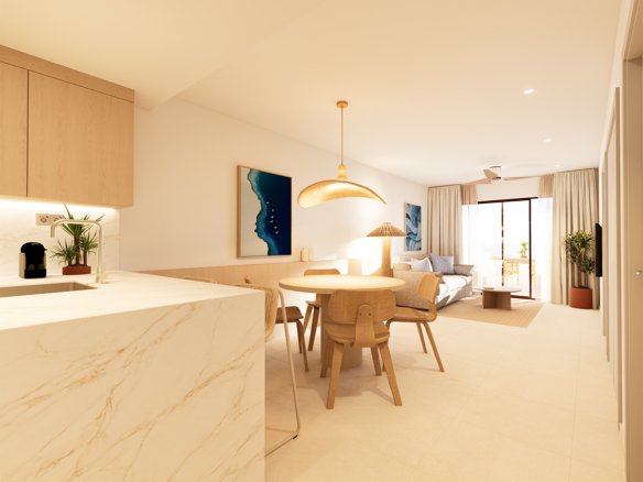 Moderne woonruimte met keuken, eet- en zithoek, en toegang tot een balkon.