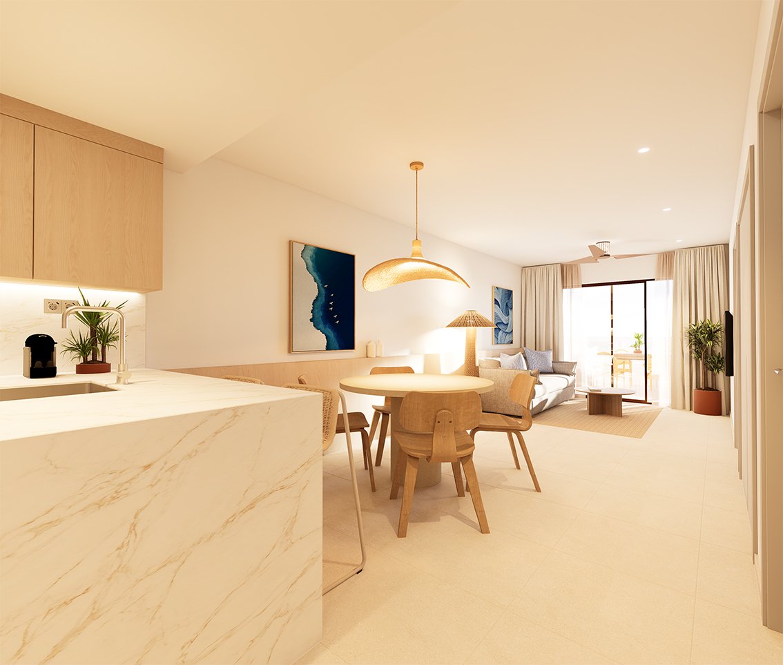 Moderne woonruimte met keuken, eet- en zithoek, en toegang tot een balkon.