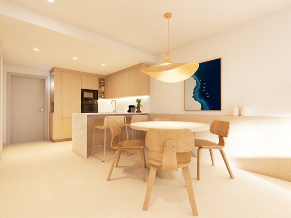 Moderne keuken met eettafel en stoelen, houten meubels en een schilderij aan de muur.