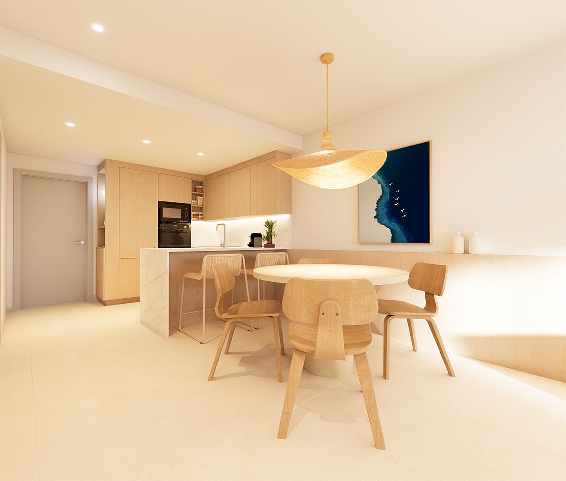 Moderne keuken met eettafel en stoelen, houten meubels en een schilderij aan de muur.
