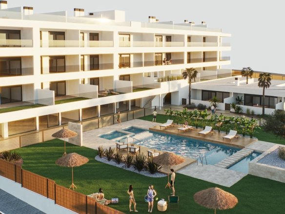 Modern appartementencomplex met zwembad en groene tuin