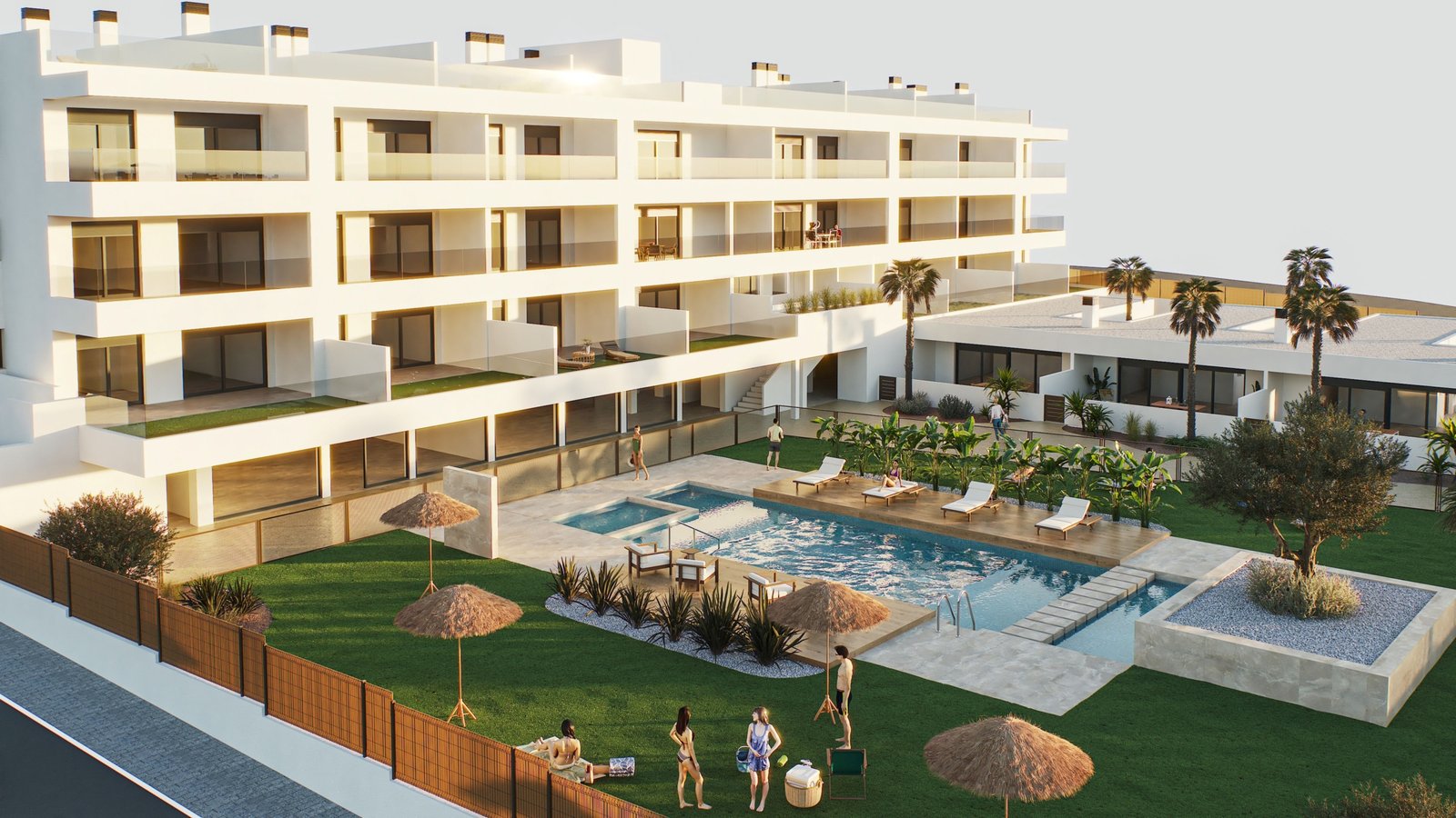 Modern appartementencomplex met zwembad en groene tuin