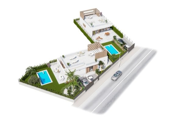 Architecturale visualisatie van twee woningen met terrassen, tuinen, zwembaden en een weg ervoor.