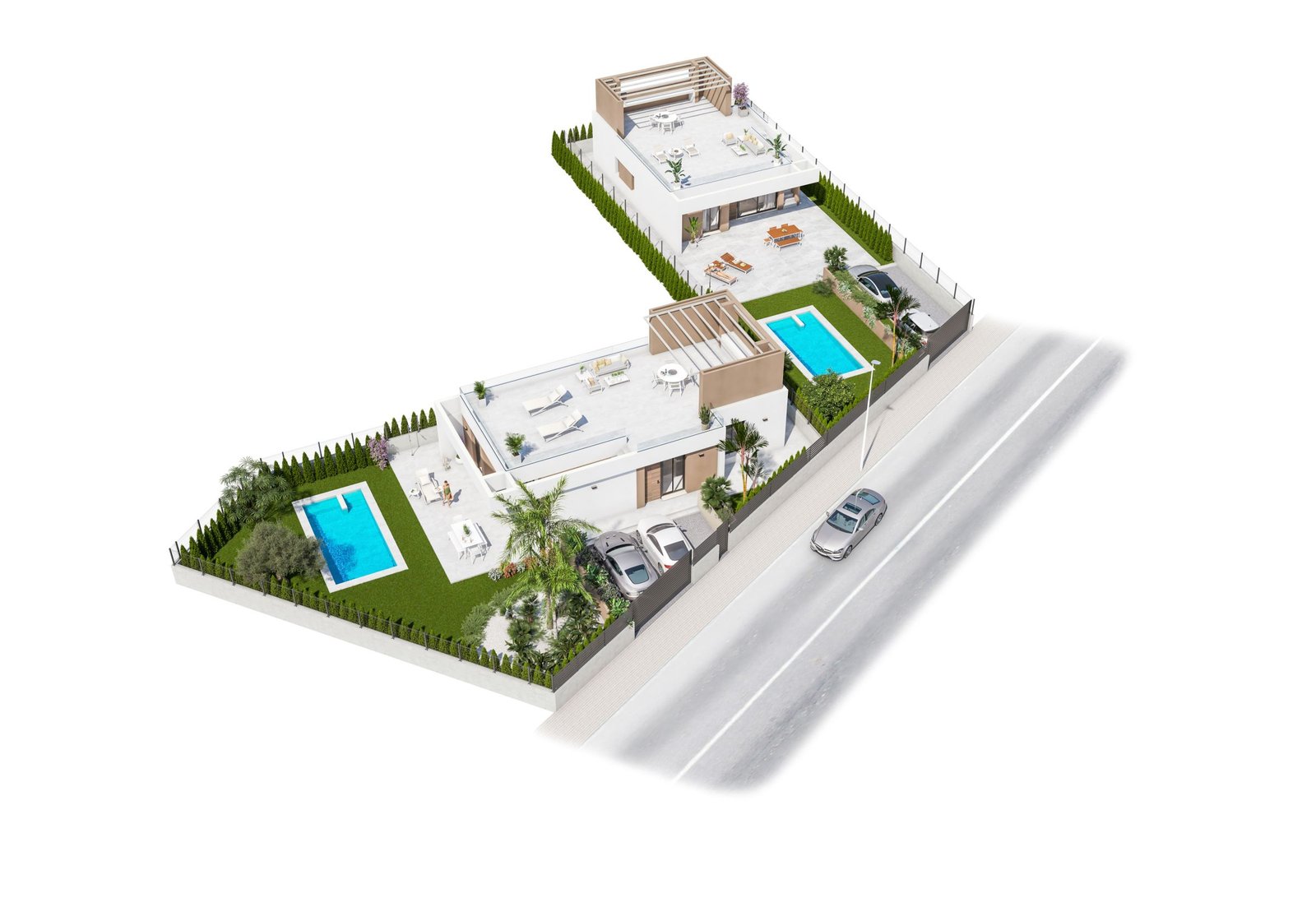 Architecturale visualisatie van twee woningen met terrassen, tuinen, zwembaden en een weg ervoor.