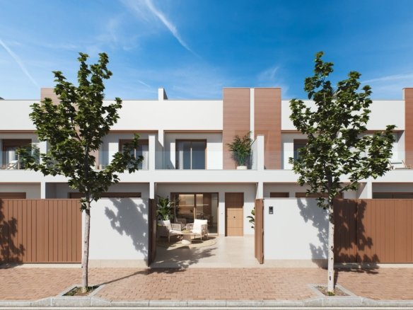 Render van moderne rijwoningen met balkons, omheinde voortuinen en bomen langs de straat.