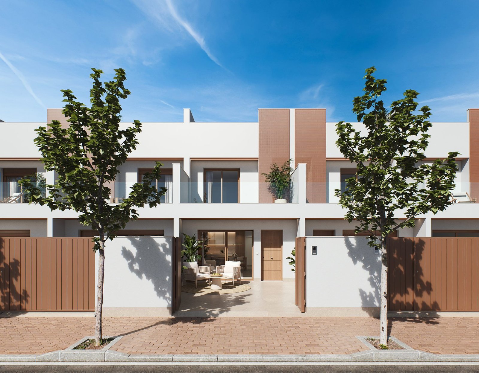 Render van moderne rijwoningen met balkons, omheinde voortuinen en bomen langs de straat.