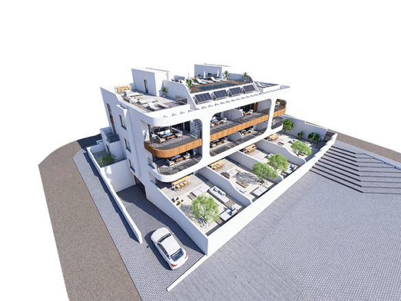 Een volumetrische weergave van een modern gebouw met verschillende verdiepingen en balkons, naast een bestrate oprit.