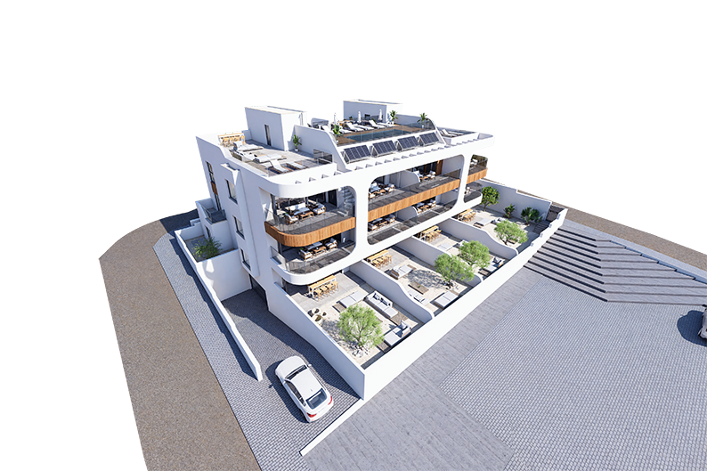 Een volumetrische weergave van een modern gebouw met verschillende verdiepingen en balkons, naast een bestrate oprit.